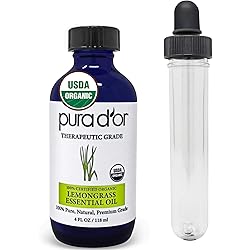 PURA D'OR Organic Lemongrass Essential Oil 4oz with Glass Dropper 100% Pure & Natural Therapeutic Grade for Hair, Body, Skin, Aromatherapy Diffuser, Relaxation, Massage, Vitality, Home, DIY Soap