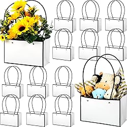 12 Pcs Kraft Paper Flower Gift Bags Bouquet Bags Box with Handle Waterproof Bouquet Gift Box Empty Bouquet Boxes Bags for Flowers Rectangle Florist Packaging Wrap Tote for Party Black-White