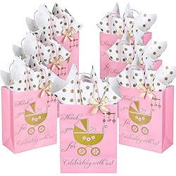 25 Pcs Baby Shower Thank You Gift Bags Medium Size with Tissue Paper and Ribbon, Gold Foil Pink Paper Bags Party Favor Bags for Wedding Birthday Bridal Shower Party Supplies Business, 8" x 4.5" x 10&#34