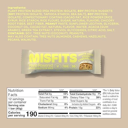 Misfits Vegan Protein Bar, Limited Edition, Lemon Cheesecake Plant Based Chocolate Protein Bar, High Protein, Low Sugar, Low Carb, Gluten Free, Dairy Free, Non GMO, Pack Of 12