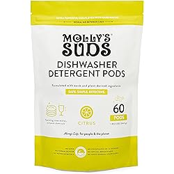 Molly's Suds Dishwasher Pods | Natural Dishwasher Detergent, Cuts Grease & Rinses Clean Residue-Free for Sparkling Dishes, Biodegradable Auto-Release Tabs Citrus - 60 Count