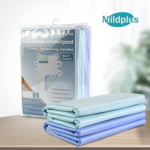 MILDPLUS Washable Bed Pads with 8 Sturdy Handles 34”×52” Extra Large Reusable Underpads 4-Layers Leakproof Chucks Pads Washable for Incontinence 2 Pack