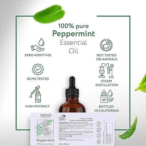 HBNO Peppermint Essential Oil 4 oz 120ml - 100% Pure Peppermint Oil for Aromatherapy - Peppermint Oil Essential for Stress - Peppermint Oil for Hair with Fresh & Minty Scent