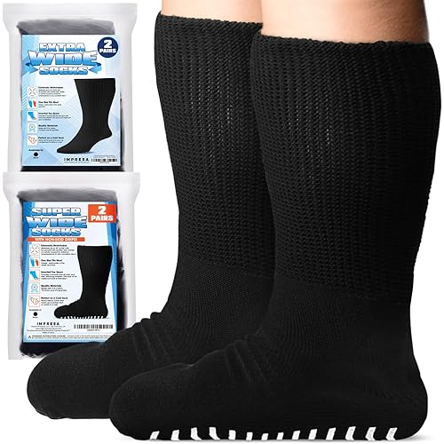 4 Pairs] Extra Width Socks for Lymphedema - Bariatric Sock - Oversized Sock Stretches up to 30'' Over Calf for Swollen Feet - One Size Unisex – Black – 2 Pairs Regular and 2 Pairs With Non Skid Grips