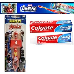 Firefly Avengers Toothbrush Pack 3 Toothpaste Kit Features Avenger Characters Iron Man Captain America Black Panther Travel Dental Set for Kids