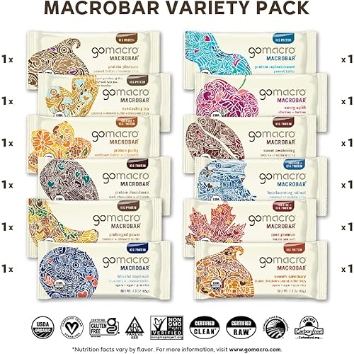 GoMacro MacroBar Organic Vegan Protein Bars - Variety Pack 2.0-2.4 Ounce Bars, 12 Count