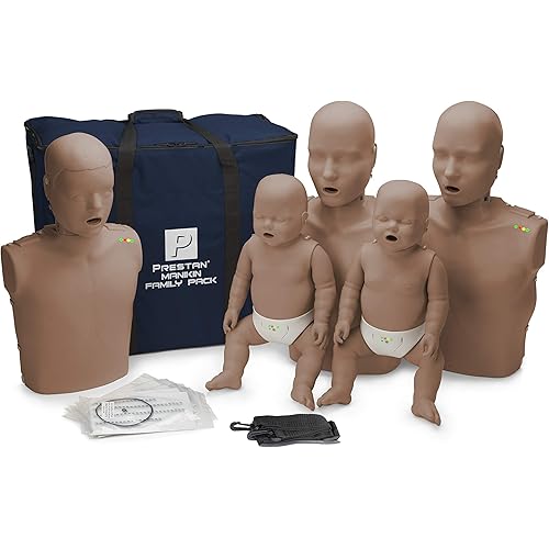 CPR Savers Training Pack, with The Dark Skin PRESTAN Family Pack, 2 Lifesaver AED Trainers, Adult and Infant Manikin Outfits and Knee Pads
