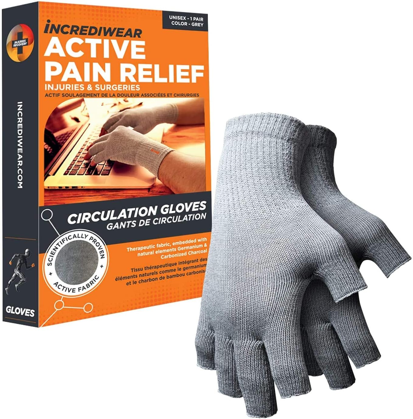 Incrediwear Fingerless Circulation Gloves Arthritis Gloves, Grey