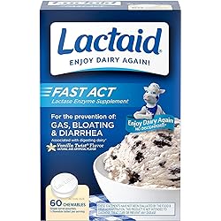 Lactaid Fast Act Lactose Intolerance Relief Chewables with Natural Lactase Enzyme to Prevent Gas, Bloating & Diarrhea Due to Lactose Sensitivity, On-the-Go, Vanilla Twist Flavor, 60 x 1 ct Pack of 4