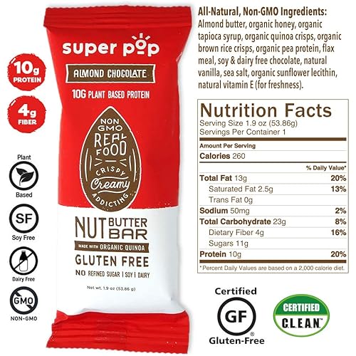 Super Pop Snacks, Clean Plant Based Protein Bars, All-Natural Almond Butter Bars with Organic Whole Foods, Meal Replacement, Gluten Free, Low Carb, Dairy Free, 10g of Protein, Almond Chocolate 12 pack