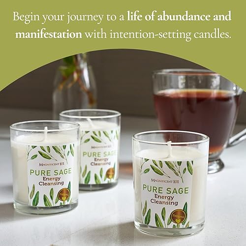 Magnificent 101 Pure Sage Smudge Candles - Set of 3 for House Energy Cleansing, Aromatherapy, Meditation, and Banishing Negative Energy - Natural Soy Wax and Essential Oils in 3.5-oz Glass Holders