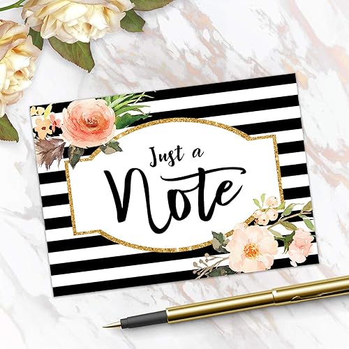 Black Stripe Floral And Faux Glitter Note Cards 24 Just A Note Cards All Occasion Greeting Cards 3 12" x 4 78" Floral Cards