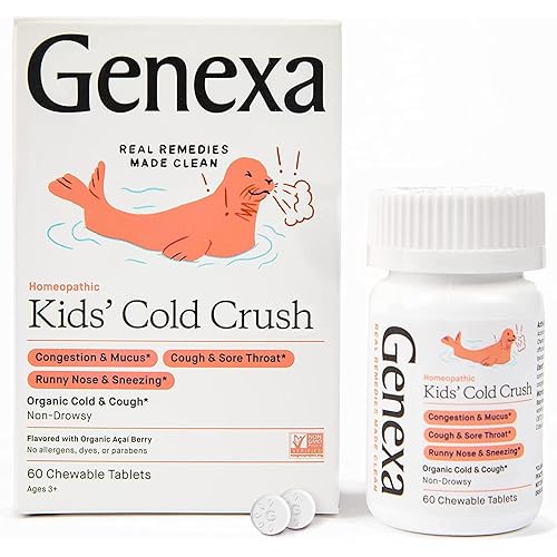 Genexa Kids’ Cold Crush - 60 Tablets - Kids’ Cough & Cold Remedy - Certified Vegan, Organic, Gluten Free & Non-GMO - Homeopathic Remedies
