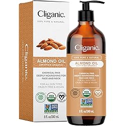 Cliganic Organic Sweet Almond Oil, 100% Pure 8oz - for Skin & Hair, Nourishing Carrier Oil for Face & Body