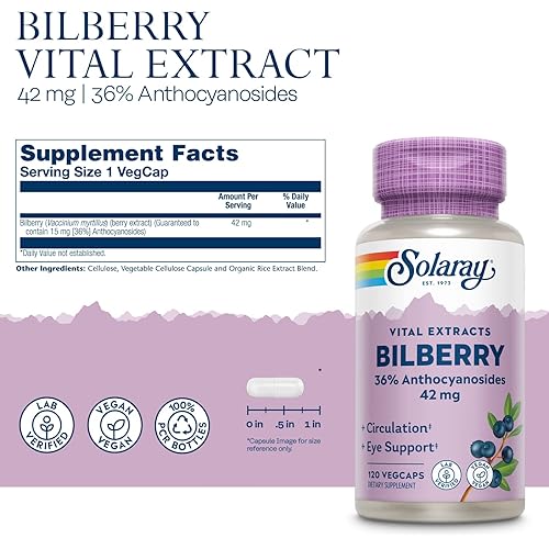 Solaray Bilberry Berry Extract 42 mg, Eye Health & Circulation Support, with 36% Anthocyanosides, Vegan, 120 VegCaps