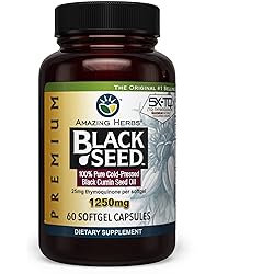 Amazing Herbs Premium Black Seed Oil Capsules - High Potency, Cold Pressed Nigella Sativa Aids in Digestive Health, Immune Support & Brain Function - 60 Count, 1250mg