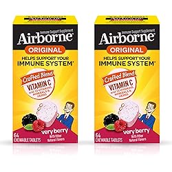 Vitamin C 1000mg per serving - Airborne Very Berry Chewable Tablets 64 ct, Gluten-Free Immune Support Supplement With Vitamins A C E, ZINC, Selenium, Echinacea, Ginger Pack of 2
