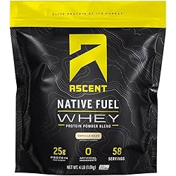 Ascent Native Fuel Whey Protein Powder - Post Workout Whey Protein Isolate, Zero Artificial Ingredients, Soy & Gluten Free, 5.7g BCAA, 2.7g Leucine, Essential Amino Acids, Vanilla Bean 4 lb