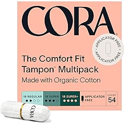 Cora 100% Organic Cotton Non-Applicator Tampons | RegularSuperSuper Plus Absorbency | Applicator-Free | Leak Protection | Ultra-Absorbent | Unscented | Packaging May Vary 54 Count