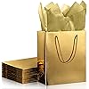 12 Pack Metallic Gift Bags Party Favor Bags Paper Shopping Bags with Handles Bulk and 12 Sheets Gift Tissue Paper Wrapping Paper for Birthdays, Wedding, Party Favors, 9 x 8 x 4 InchGold