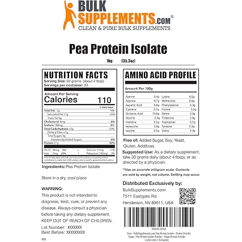 BulkSupplements.com Pea Protein Isolate - Pea Protein Powder - Vegan Protein Powder - Plant Protein Powder - Unflavored Protein Powder - Plant Based Protein Supplement 1 Kilogram - 2.2 lbs