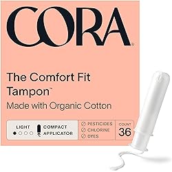 Cora Organic Applicator Tampons | Light Absorbency | 100% Cotton Core, Unscented, BPA-Free Compact Applicator | Leak Protection, Easy Insertion, Non-Toxic | Packaging May Vary 36 Count