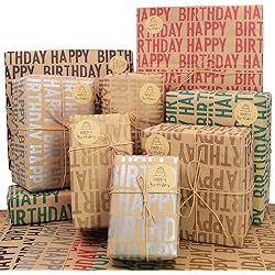 Happy Birthday Wrapping Paper For Boys Men Women Girls Kids,Recycled Gift Wrapping Paper, 20 x 28 inches per sheet 12 sheets: 47 sq. ft. ttl. Brown Kraft Folded Paper with Jute Strings, Stickers and Bows for Birthday Occasions