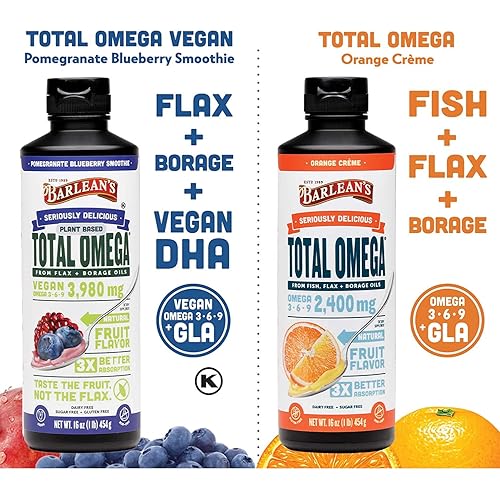 Barlean's Total Omega Orange Creme Fish Oil Supplements with Flaxseed Oil and Borage Oil - 2400mg of Omega 3 6 9 EPADHA - All-Natural Fruit Flavor, Non-GMO, Gluten Free - 16 Ounce