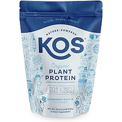 KOS Vegan Protein Powder - Blueberry Muffin Protein Powder - Added Blue Spirulina and Immune Support - Soy, Gluten and Dairy Free - 14 Servings