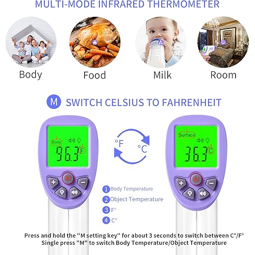 Medical Forehead Thermometer, Baby and Adults Infrared Thermometer with Fever Alarm, Digital Thermometer with Large LCD Display and Memory Function, Body or Object Surface 2 in 1 Dual Mode White