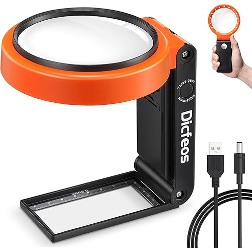 Dicfeos 30X 40X Magnifying Glass with Light and Stand, Folding Design 18 LED Illuminated Magnifying Glass for Close Work, Handheld Large Magnifying Glasses for Reading, Powered by Battery or USB