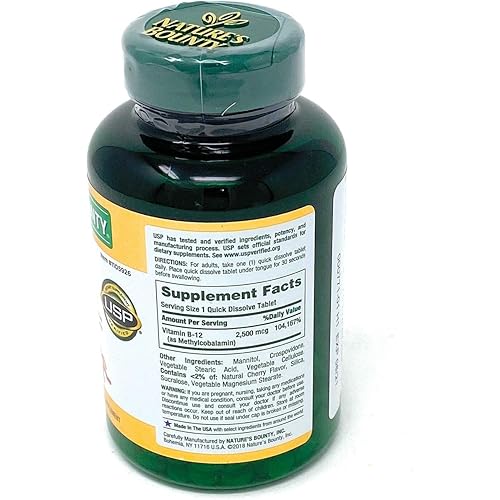 Nature's Bounty Quick Dissolve Fast Acting Vitamin B-12 2500 mcg, Natural Cherry Flavor 300 tablets