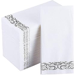 JOLLY CHEF 100 Disposable Hand Towels, Soft and Absorbent Line-Feel Dinner Napkin, Elegant Decorative Paper Guest Towels for Kitchen, Bathroom, Weddings, Parties, Silver and White