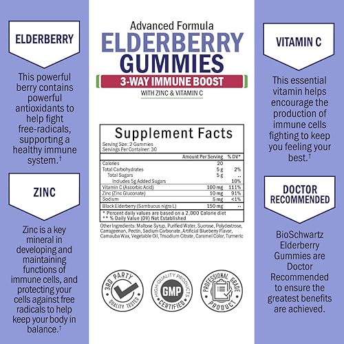 Elderberry Gummies with Zinc and Vitamin C - Immune Support for Women Men Adults - Immunity Vitamins Black Sambucus Elderberries - Immune System Defense - Powerful Natural Antioxidant Supplement 60ct