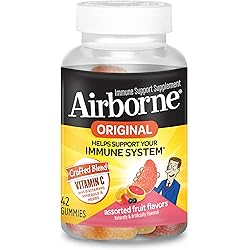 Airborne Vitamin C 750mg per serving - Assorted Fruit Gummies 42 count in a bottle, Gluten-Free Immune Support Supplement With Vitamins C E, Selenium