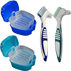 KISEER 2 Pack Denture Bath Case Cup Box Holder Storage Container with Denture Cleaner Brush Strainer Basket for Travel Cleaning Light Blue and Blue