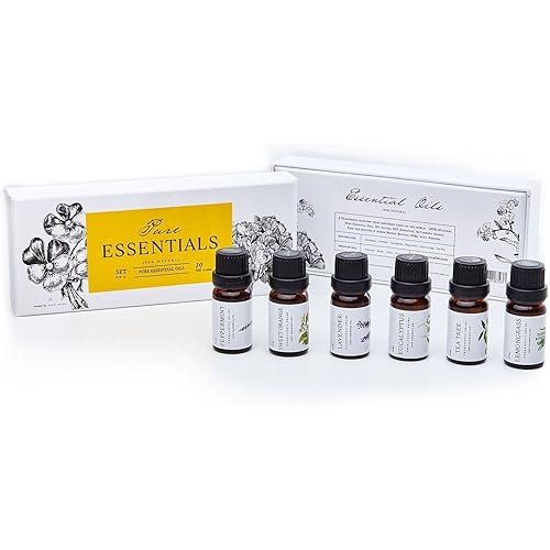 Essential Oils by Pure Essentials 100% Pure Oils kit- Top 6 Aromatherapy Oils Gift Set-6 Pack, 10MLEucalyptus, Lavender, Lemon Grass, Orange, Peppermint, Tea Tree