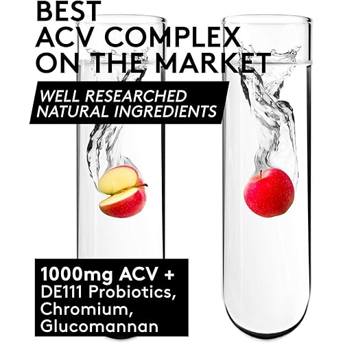 Natural ACV Pills as Carbs Absorption Support | 5% Cmax Apple Cider Vinegar 1000mg Glucomannan Chromium Probiotics | Detox Energy Ease Hunger & Appetite | Men & Women Supplement