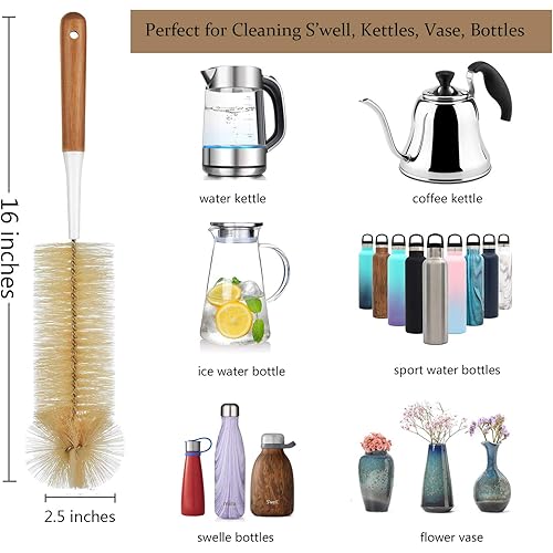 ALINK 5-Pack Bottle Brush Cleaner - Long Bamboo Handle Water Bottle Straw Cleaning Brush for Washing Narrow Neck Beer Wine Decanter, BabySports Bottle, Thermos, Flask