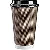 50 Sets - 16 oz.] Insulated Brown Patterned Ripple Paper Hot Coffee Cups With Lids Lids Color May Vary