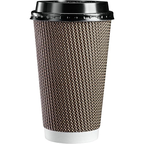 50 Sets - 16 oz.] Insulated Brown Patterned Ripple Paper Hot Coffee Cups With Lids Lids Color May Vary