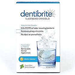 Dentibrite Crystals Cleaner for Removable Dental Appliances - Invisalign Aligners, Retainers, Guards, Dentures, TraysAligners - Odor Remover - No Persulfates or Dyes - 30ct - Made in USA