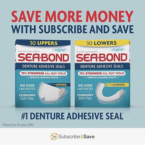 Sea Bond Secure Denture Adhesive Seals Lowers Original, Zinc Free, All Day Hold, Mess Free, 30 Count