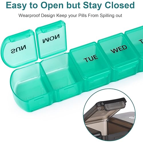 Large Weekly Pill Organizer 2 Pack,BPA Free Vitamin Case Box 7 Day with XL Compartment,Travel Friendly Medicine Organizer for Fish Oils Medicine Supplements Cyan