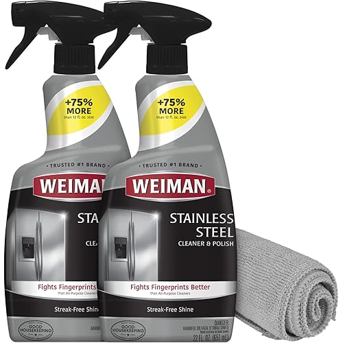 Weiman Stainless Steel Cleaner and Polish - 2 Pack Bundle With Microfiber Cloth - Protects Appliances from Fingerprints and Leaves a Streak-Free Shine for Refrigerator Dishwasher Oven Grill etc