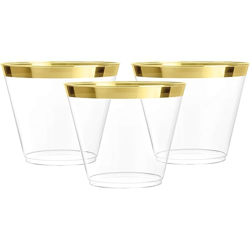 100 Gold Plastic Cups | 9 oz | Hard Disposable Cups | Plastic Wine Cups | Plastic Cocktail Glasses | Plastic Drinking Cups | Bulk Party Cups | Wedding Tumblers | Clear Plastic Cups