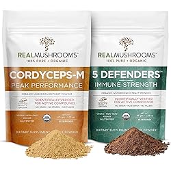 Real Mushrooms Cordyceps 60g and 5 Defenders 45g Mushroom Extract Powder Bundle - Mushroom Supplement for Energy, Endurance and Immune Strength - Vegan, Non-GMO