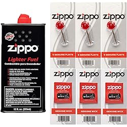 Zippo Gift Set - 12 Fl.oz Fluid Fuel and 3 Wick Card & 3 Flint Card 18 Flints Bundle with Microfiber Cleaning Cloths