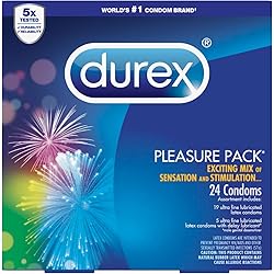 Durex Pleasure Pack- Assorted Combo Pack Featuring Performax Intense, Intense Sensation, Extra Sensitive &Tropical Flavor Natural Latex Condoms, Sensation and Stimulation, HSA Eligible, 24 Count