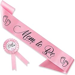 CORRURE Baby Shower Sash and Button Pin for Girl - 'Mom to Be' Sash and 'Dad to Be' Pin with Beautiful Pink Ribbon and Black Glitter Text - Ideal Mom and Dad Gift for Gender RevealBaby Shower